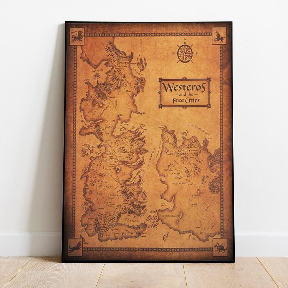 Wall Decor Master Game of Thrones Houses Map Westeros and Free Cities Poster Home Deco on Silk 28 inch x 24 inch